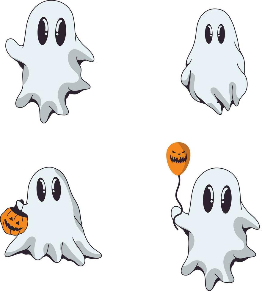 Retro Ghost Halloween Icon Collection. With Flat Cartoon Design. Isolated On White Background. Vector Illustration.