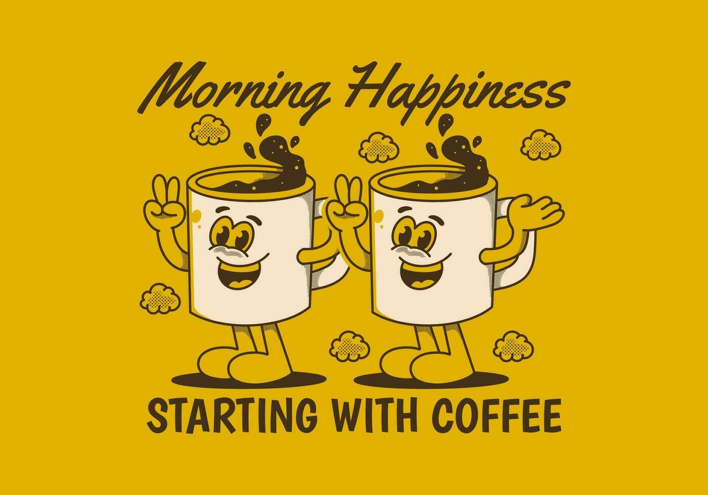 Morning happiness starting with coffee. Vintage mascot character of coffee mug with happy face vector