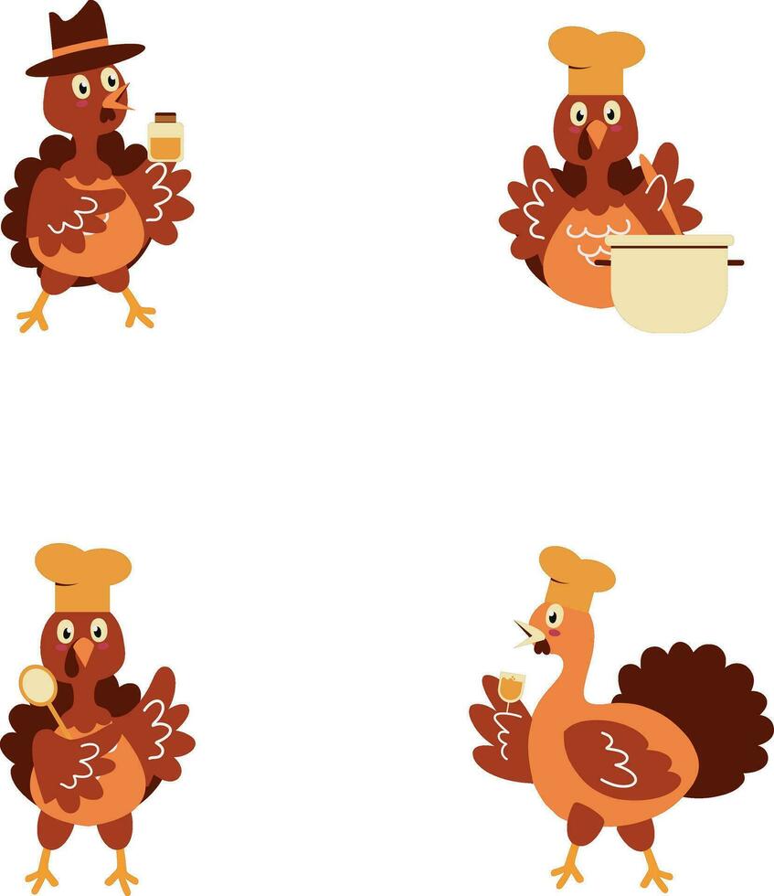 Collection of Thanksgiving Turkey. In Cartoon Design Style. Vector Illustration.