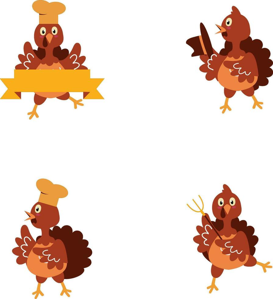 Collection of Thanksgiving Turkey. In Cartoon Design Style. Vector Illustration.