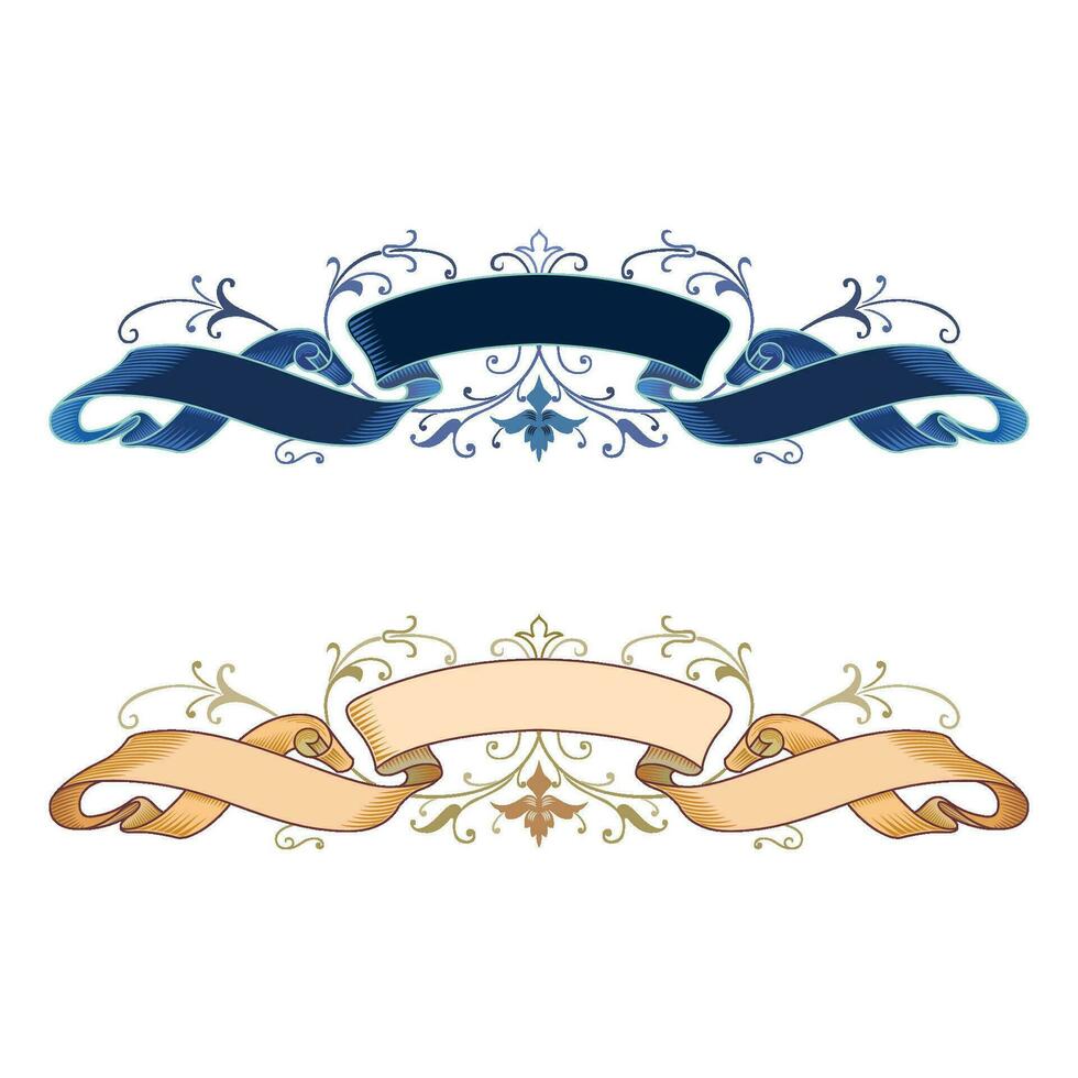 Hand drawn horizontal banners set with retro style ribbons decoration elements isolated vector illustration