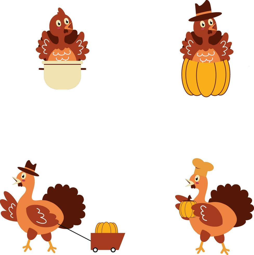 Collection of Thanksgiving Turkey. In Cartoon Design Style. Vector Illustration.