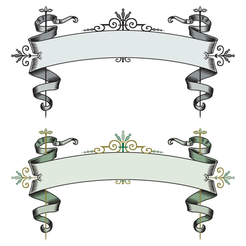 Hand drawn horizontal banners set with retro style ribbons decoration elements isolated vector illustration