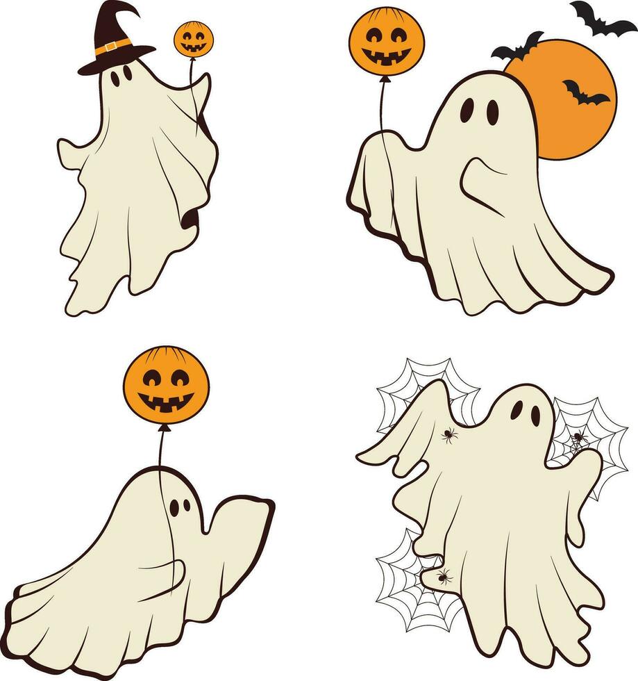 Set of Retro Ghost Halloween. Isolated On White Background. Vector Illustration