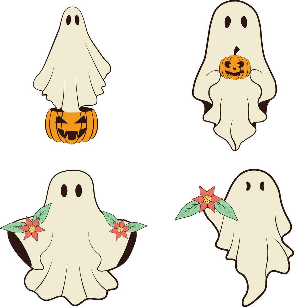 Set of Retro Ghost Halloween. Isolated On White Background. Vector Illustration