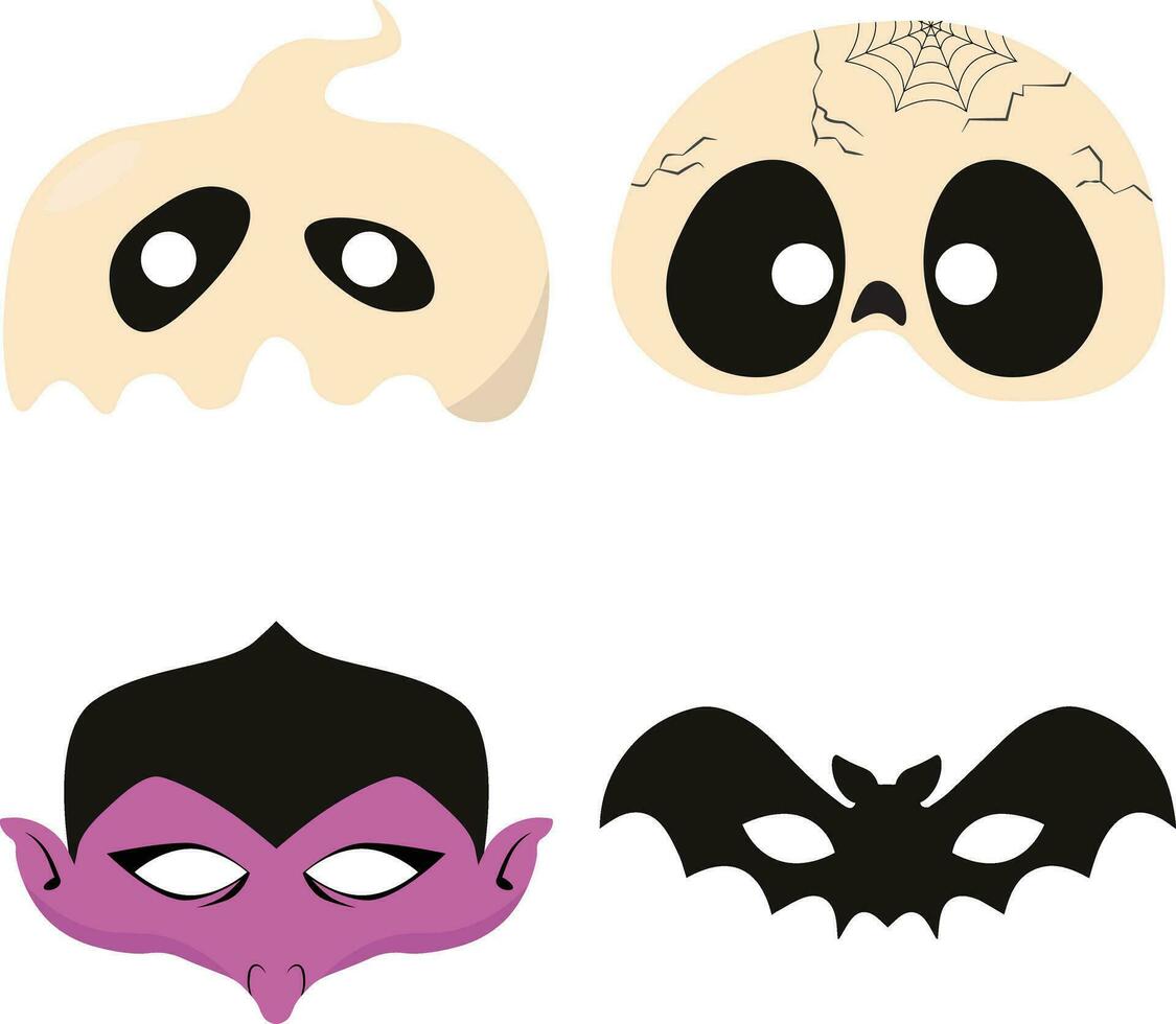 Halloween Mask With Cartoon Design. Vector Illustration Set.
