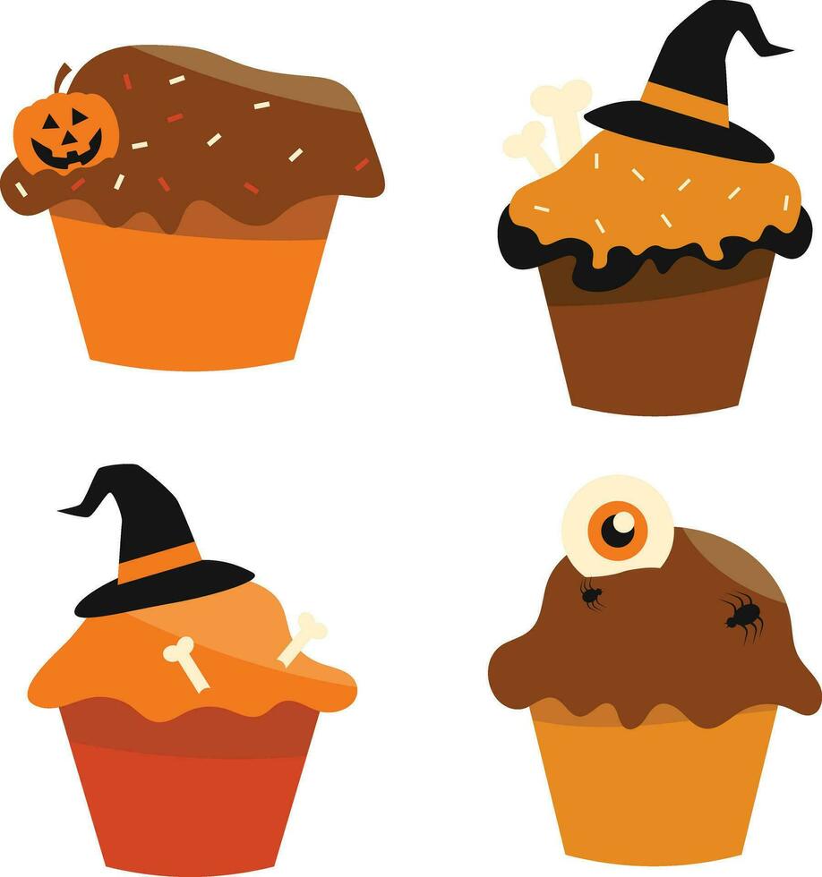 Set of Halloween Cupcake. Isolated On White Background. Vector Illustration.