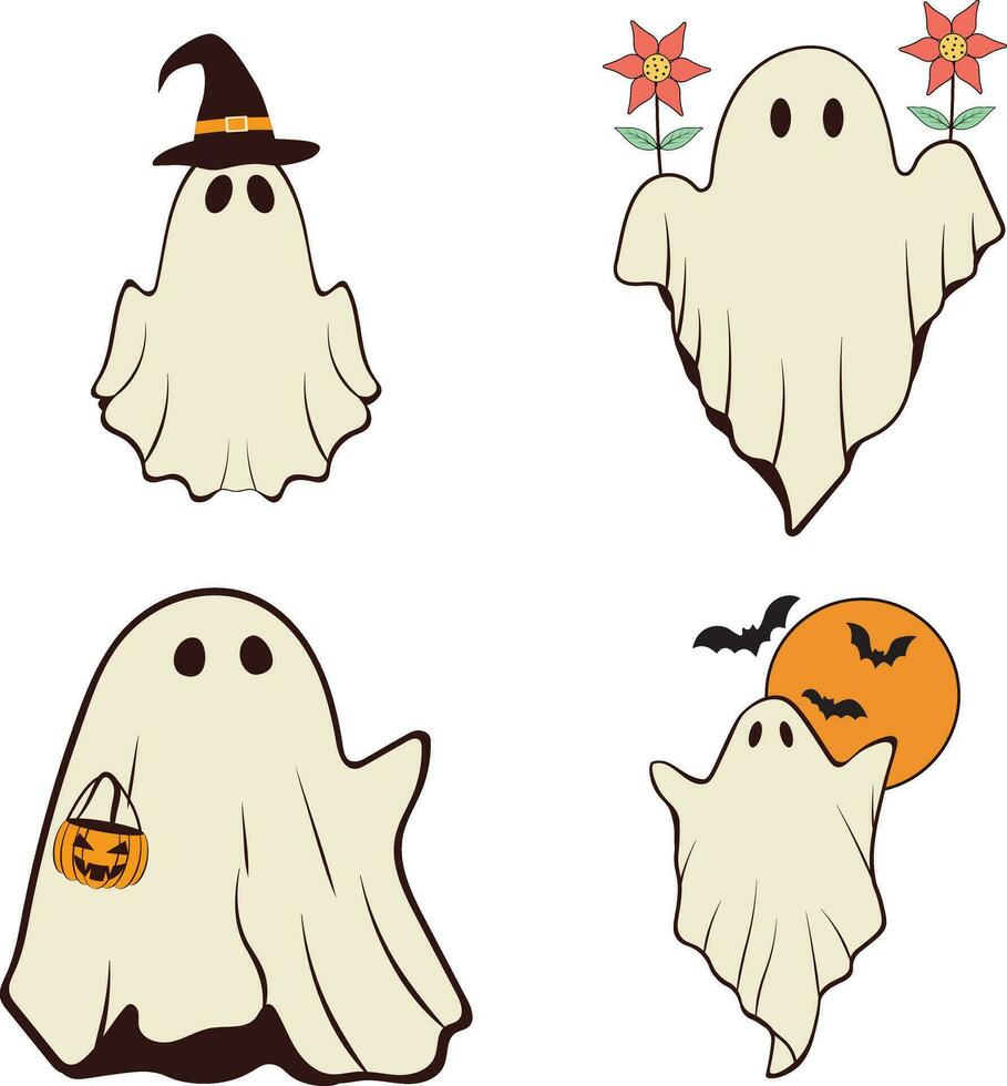 Set of Retro Ghost Halloween. Isolated On White Background. Vector Illustration