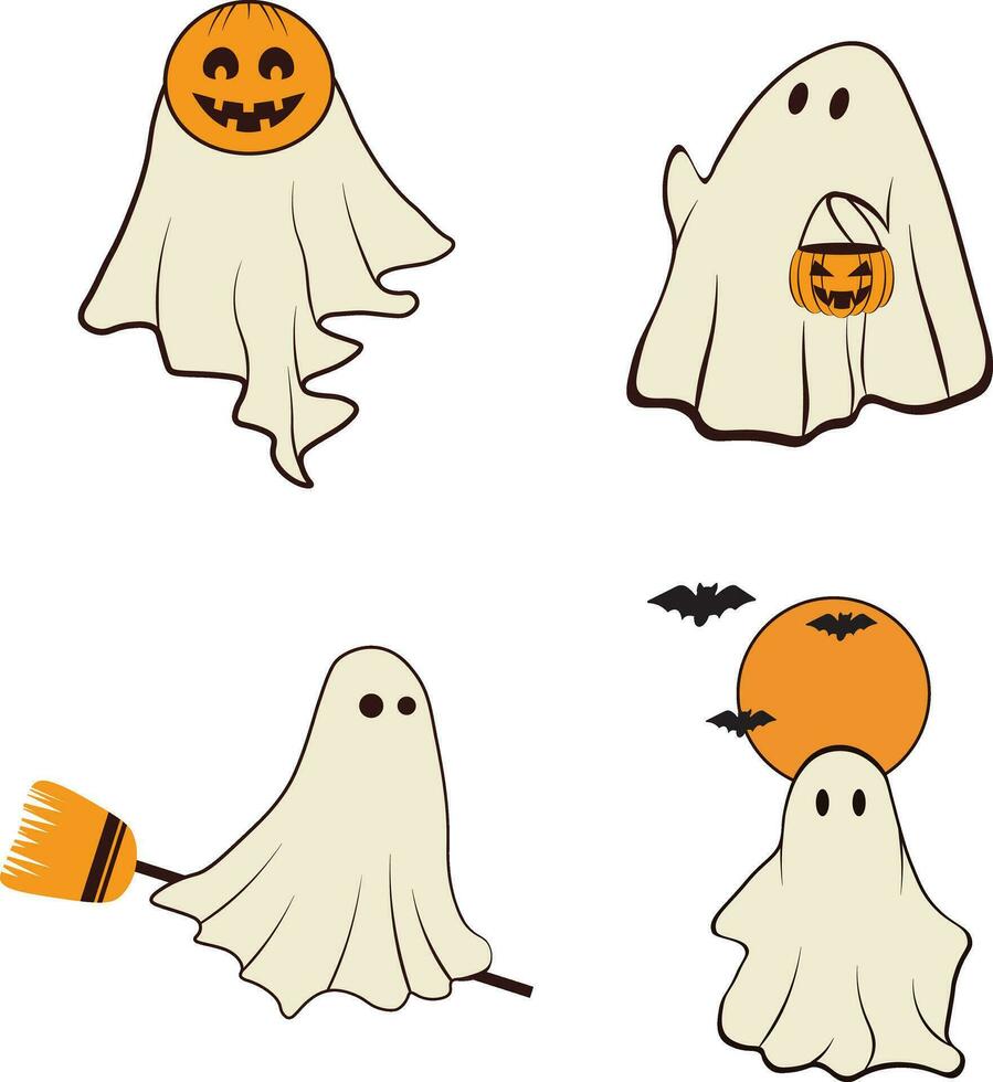 Set of Retro Ghost Halloween. Isolated On White Background. Vector Illustration