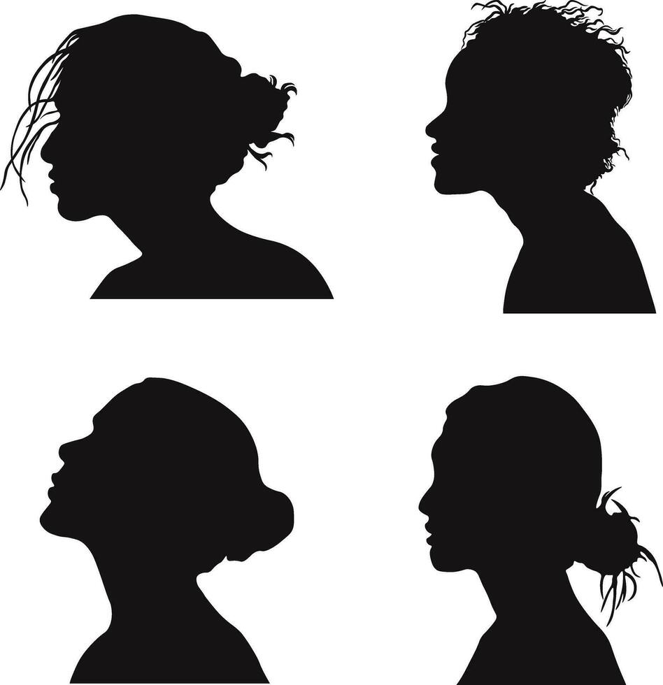 Set of Different Woman Head Silhouette. Isolated On White Background. Vector Illustration