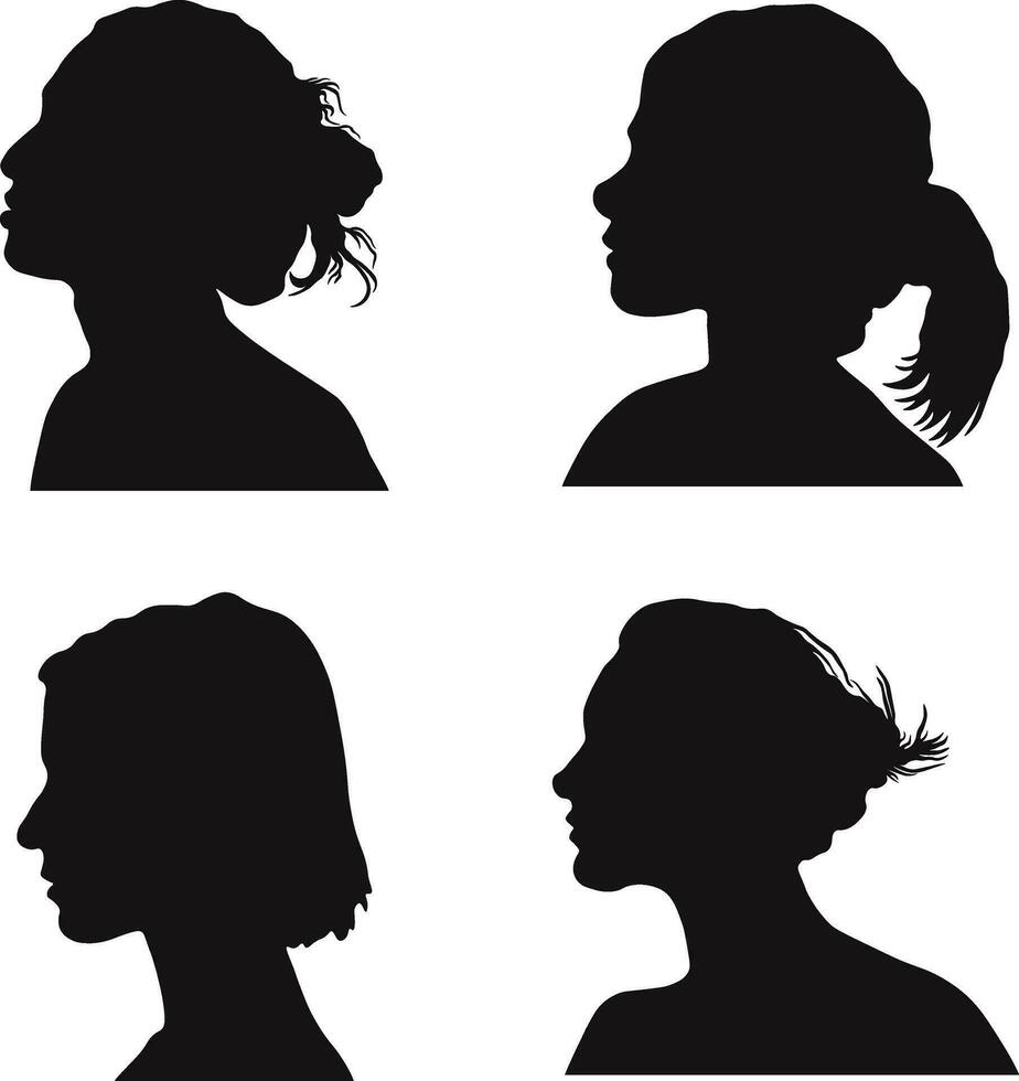 Set of Different Woman Head Silhouette. Isolated On White Background. Vector Illustration