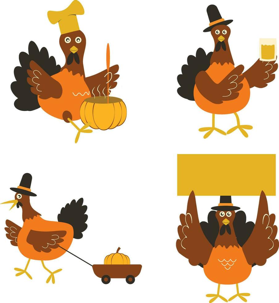 Set of Thanksgiving Turkey. With Cartoon Design Style. Vector Illustration