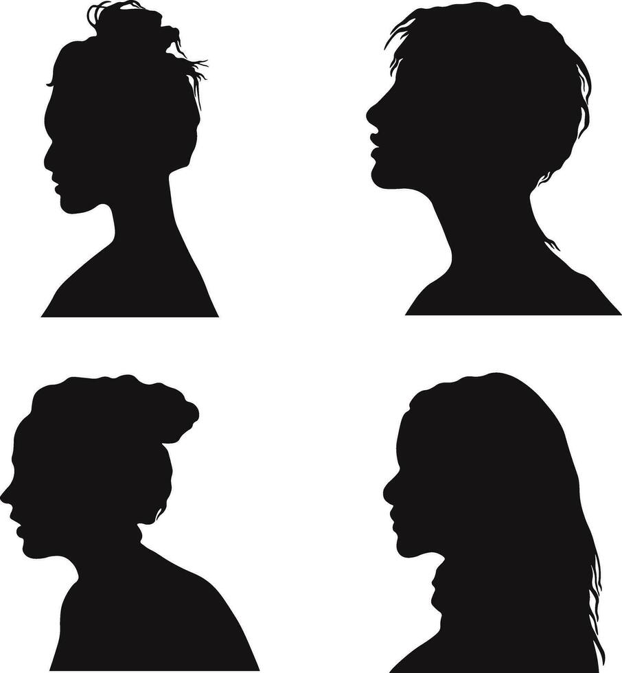 Set of Different Woman Head Silhouette. Isolated On White Background. Vector Illustration