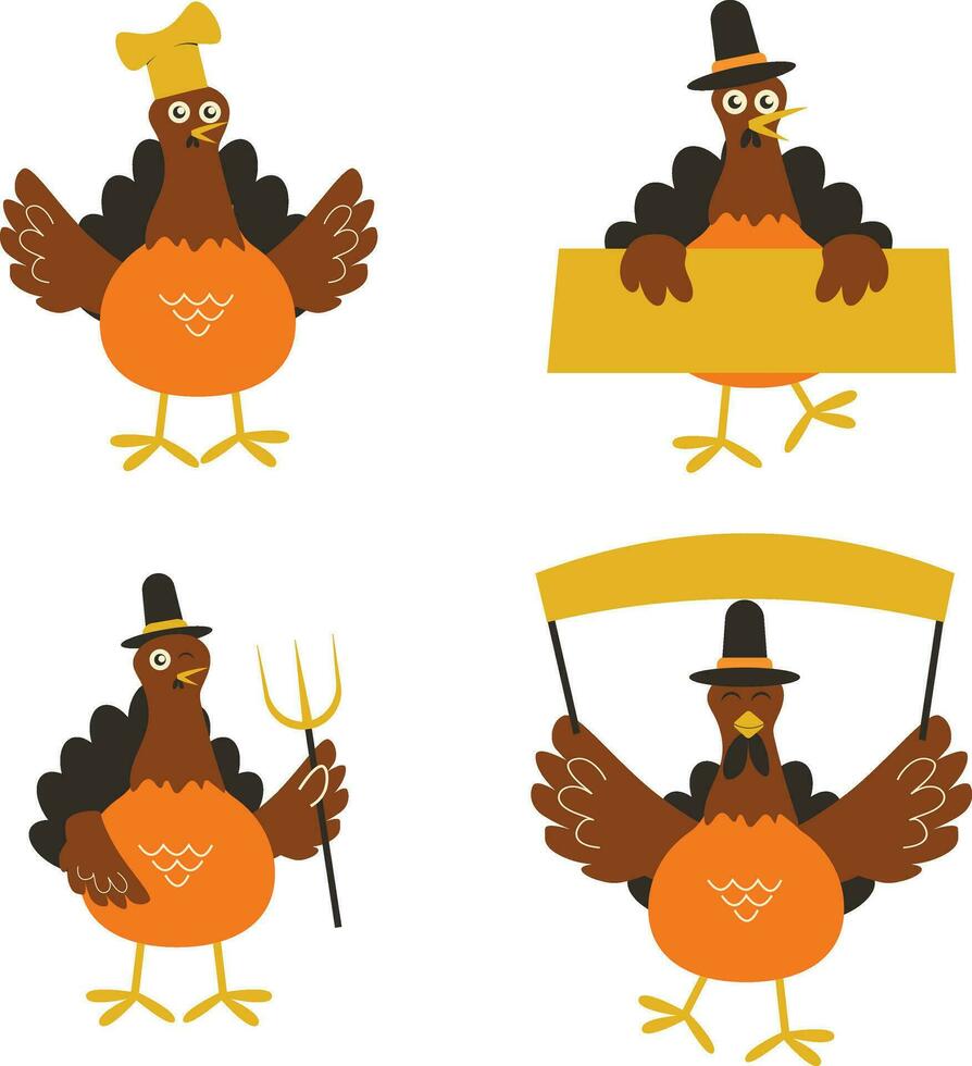 Set of Thanksgiving Turkey. With Cartoon Design Style. Vector Illustration