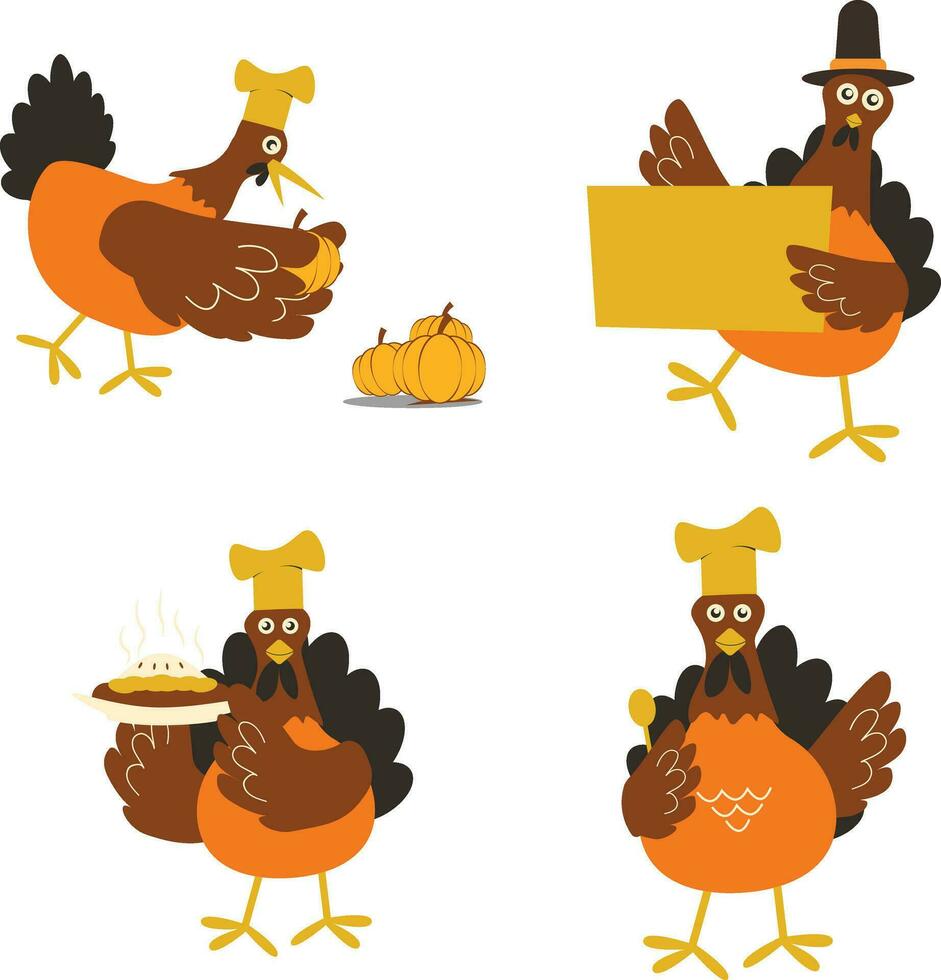 Set of Thanksgiving Turkey. With Cartoon Design Style. Vector Illustration