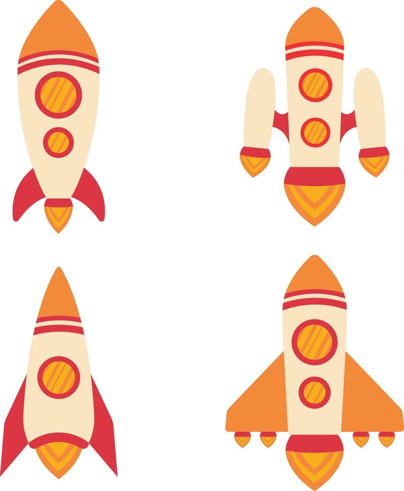 Spaceship Rocket In Cartoon Design. Vector Illustration Set.