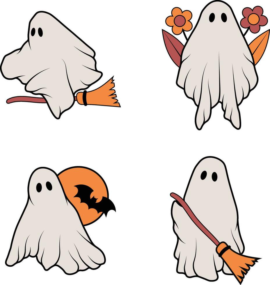 Retro Ghost Halloween With Simple Cartoon Design Style. Vector Illustration Set.