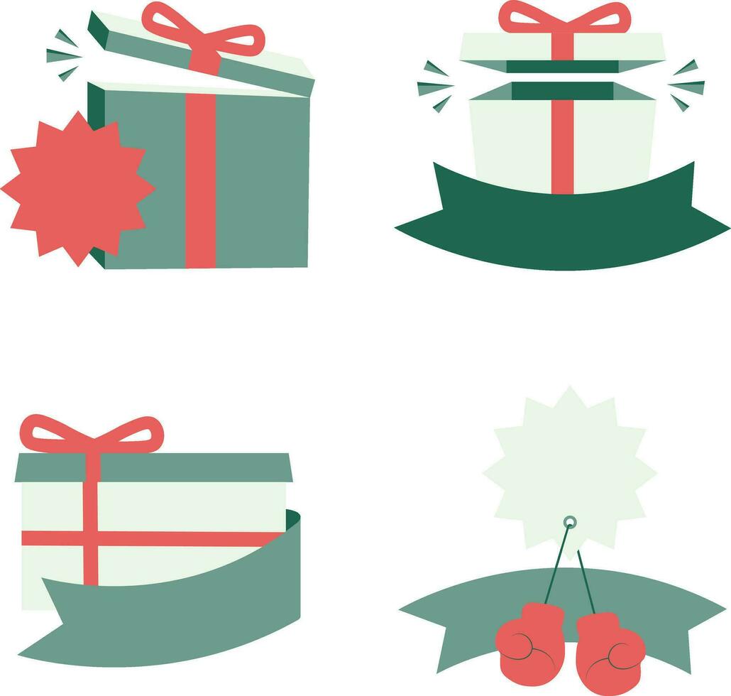 Boxing Day Icon Set. With Boxing Gloves, Gift, and Ribbon. Vector Illustration.