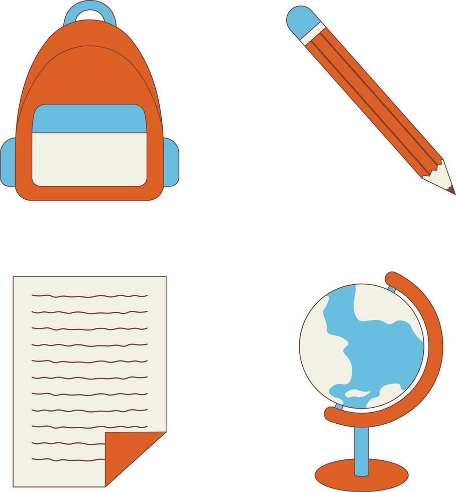 Primary School Equipment With Cartoon Design Style. Isolated Vector Icon Set.