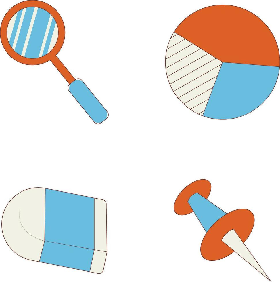 Primary School Equipment With Cartoon Design Style. Isolated Vector Icon Set.