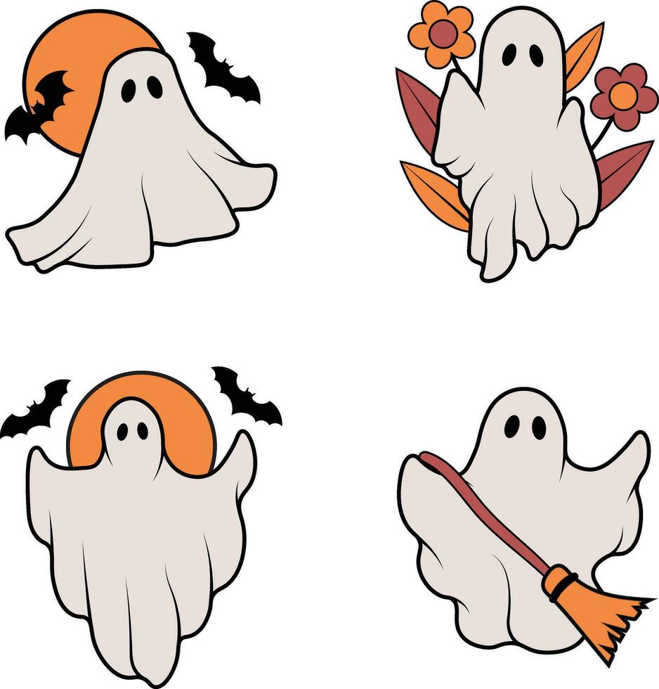 Retro Ghost Halloween With Simple Cartoon Design Style. Vector Illustration Set.