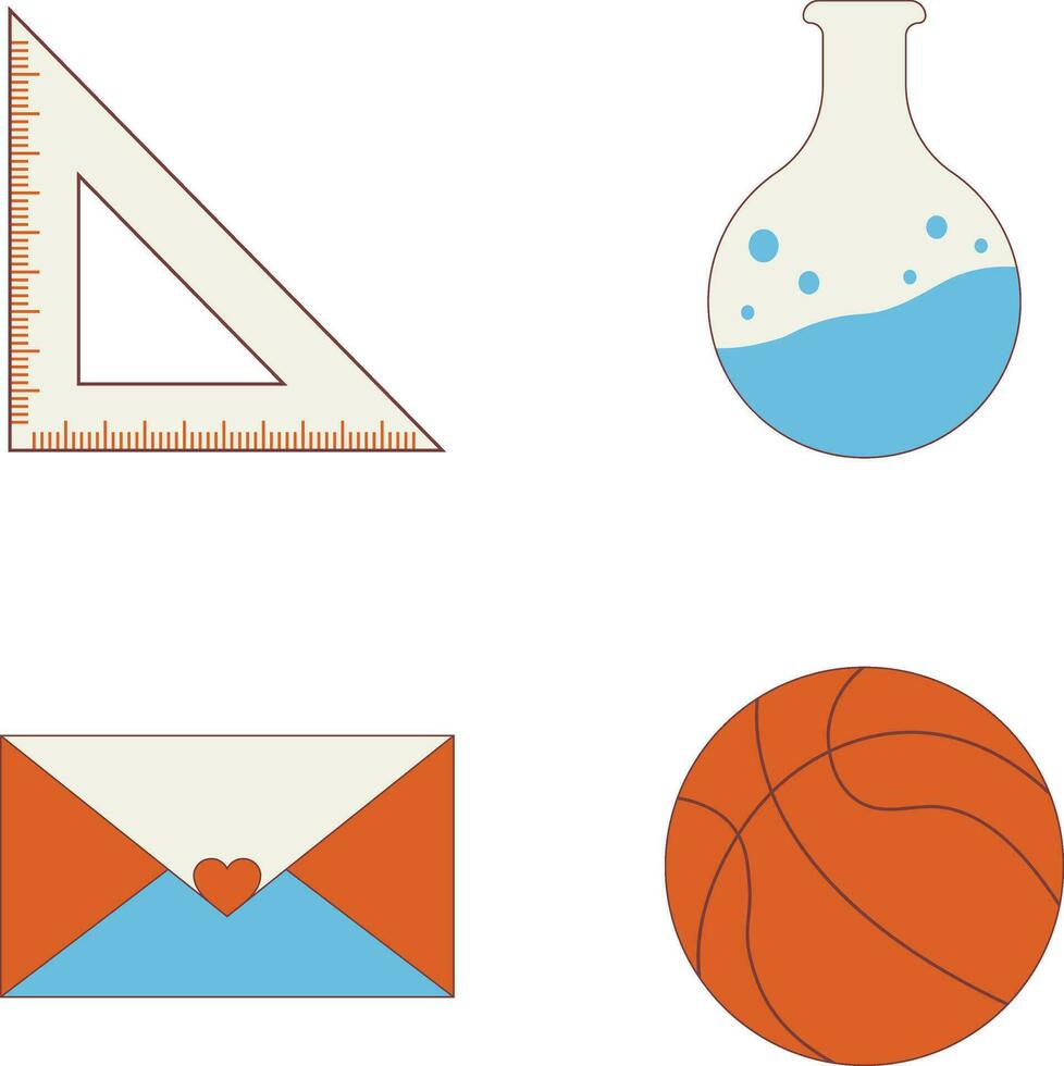 Primary School Equipment With Cartoon Design Style. Isolated Vector Icon Set.