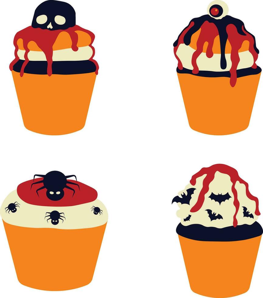 Set of Different Halloween Cupcake. In Spooky Cartoon Design. Isolated Vector