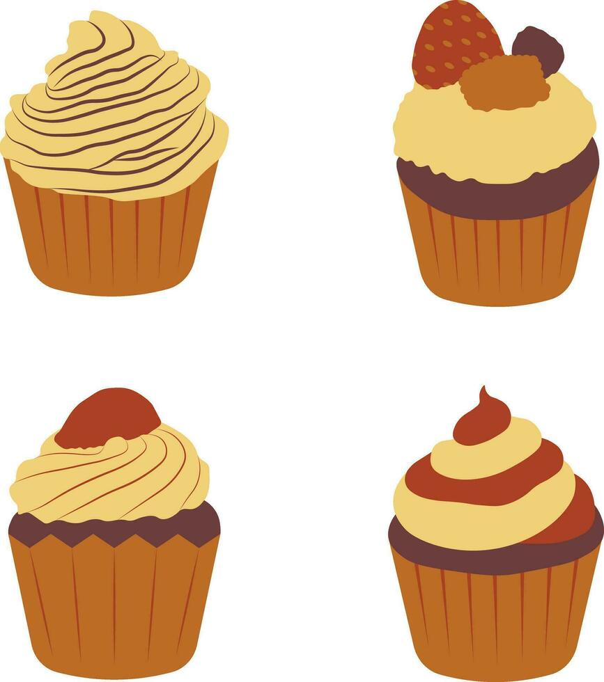 Cupcake Dessert In Flat Cartoon Shape and Design. Isolated On White Background. Vector Illustration Set.