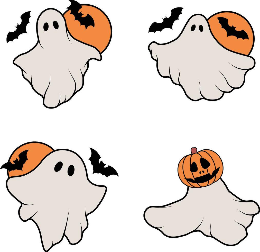 Retro Ghost Halloween With Simple Cartoon Design Style. Vector Illustration Set.