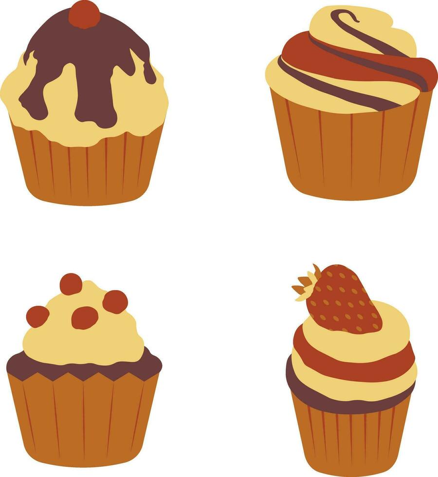 Cupcake Dessert In Flat Cartoon Shape and Design. Isolated On White Background. Vector Illustration Set.