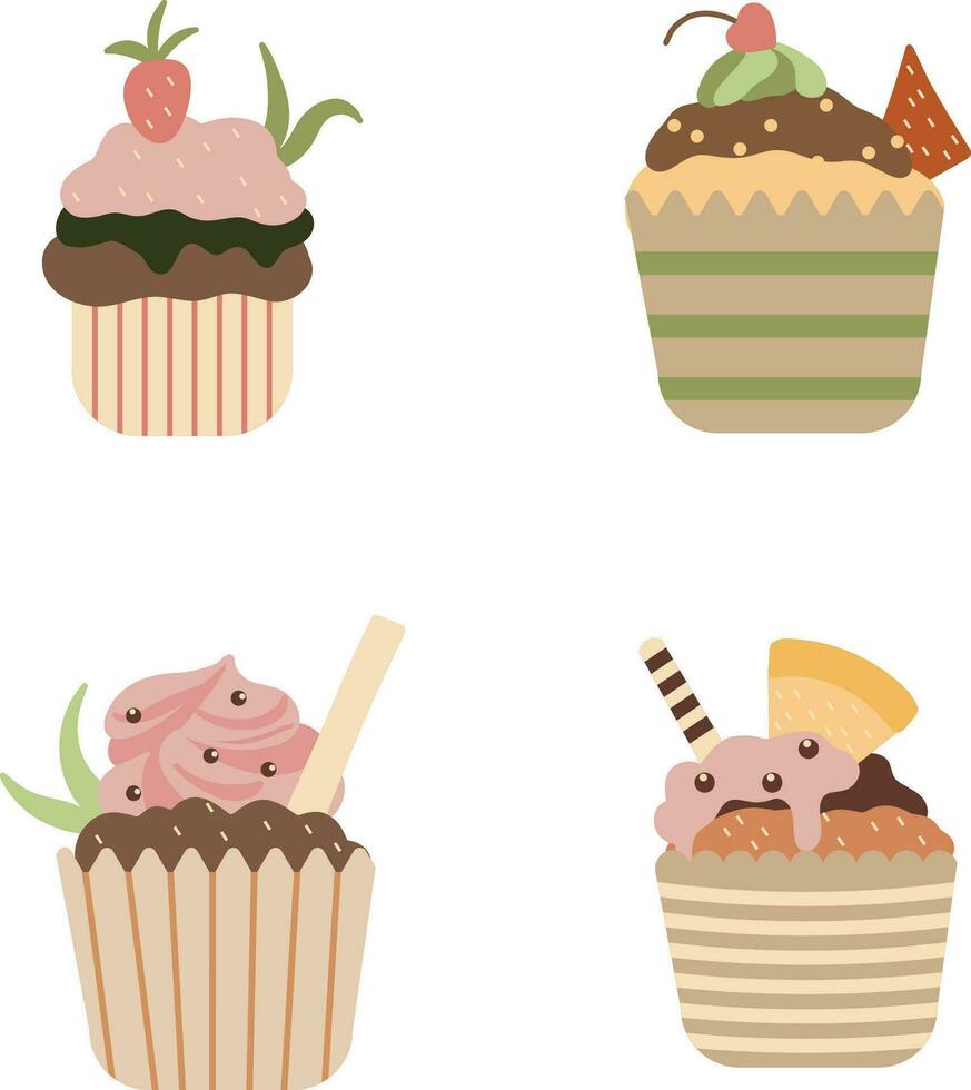 Set of Cupcake Dessert. With Flat Design. Vector Illustration.