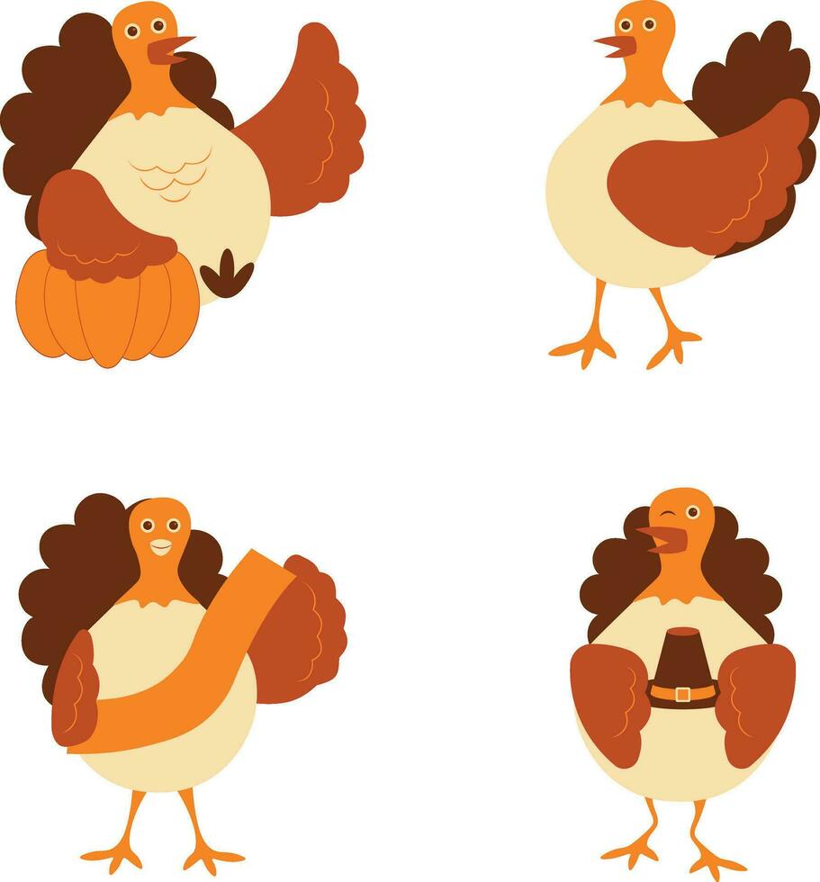 Thanksgiving Turkey With Different Pose. Isolated Vector Set.