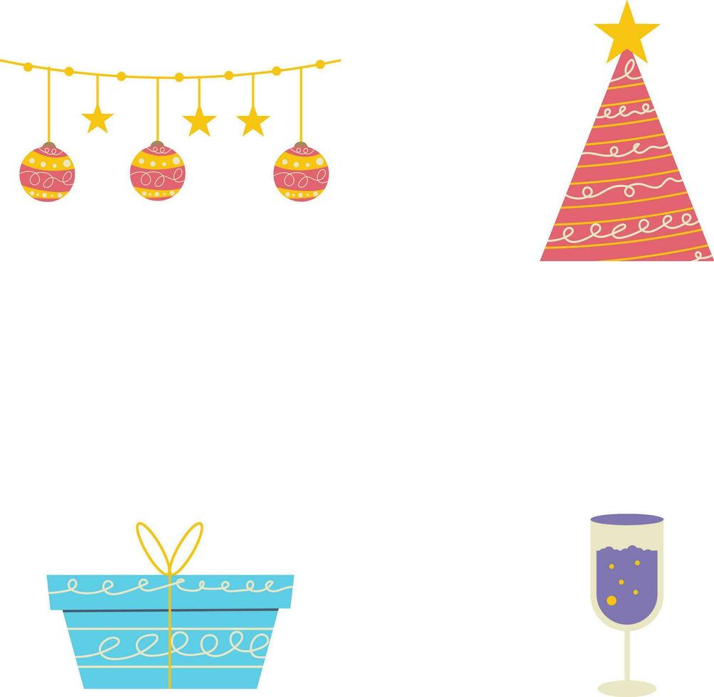 New Year Retro Decoration Icon Set. With Flat Cartoon Design. Isolated Vector. vector