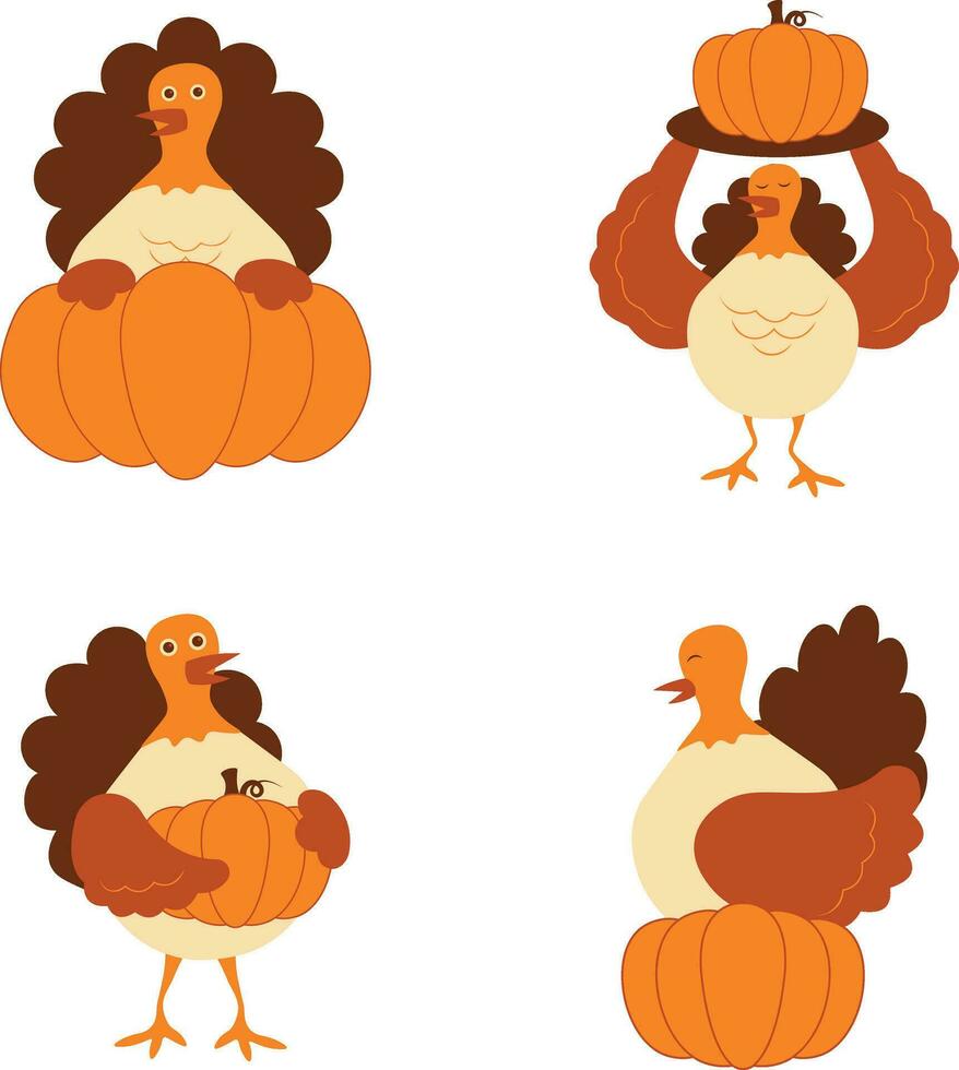 Thanksgiving Turkey With Different Pose. Isolated Vector Set.