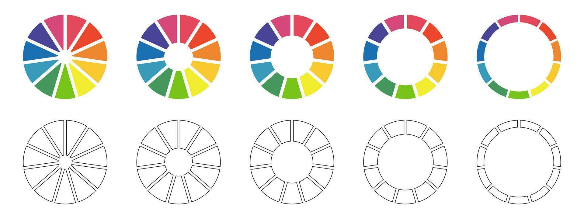 conjunto de rosquilla gráficos, pasteles segmentario en 11 igual partes. diagramas infografía multicolor recopilación. ruedas dividido en once secciones. circulo sección grafico. tarta gráfico redondo icono. cargando bar. vector. vector