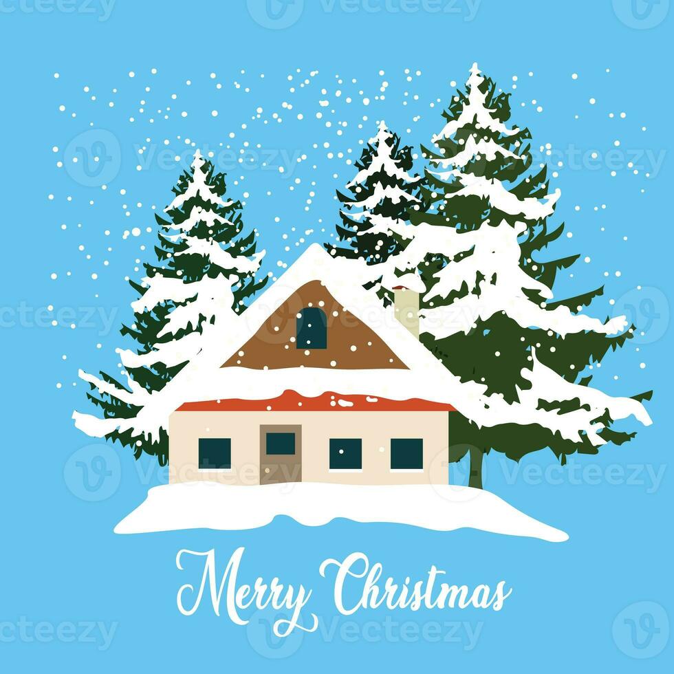 Christmas snowy house outside interior with winter landscape and fir trees. illustration in hand drawn cartoon flat style photo