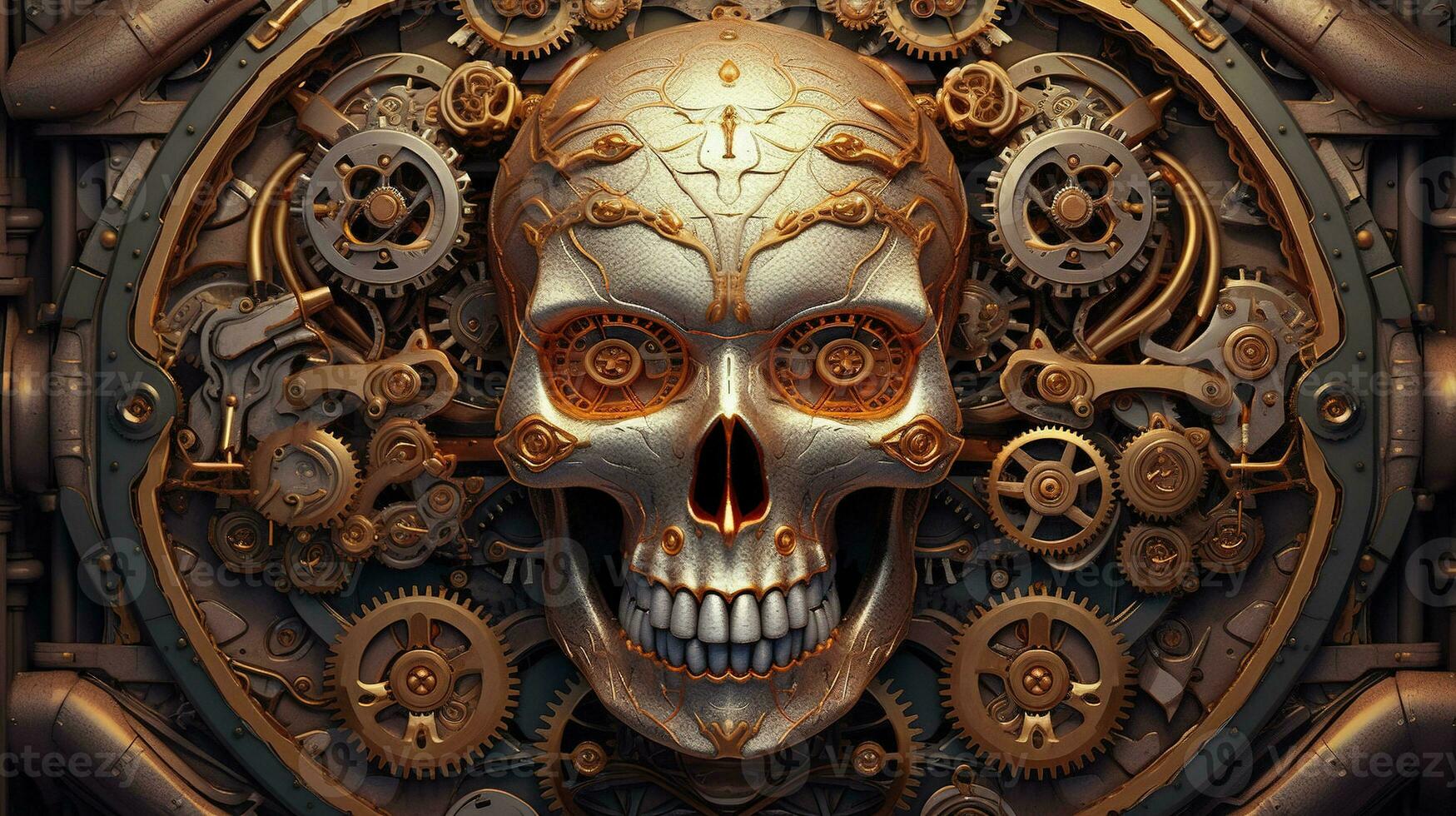 AI generated steampunk skull, digital art illustration, Generative AI photo