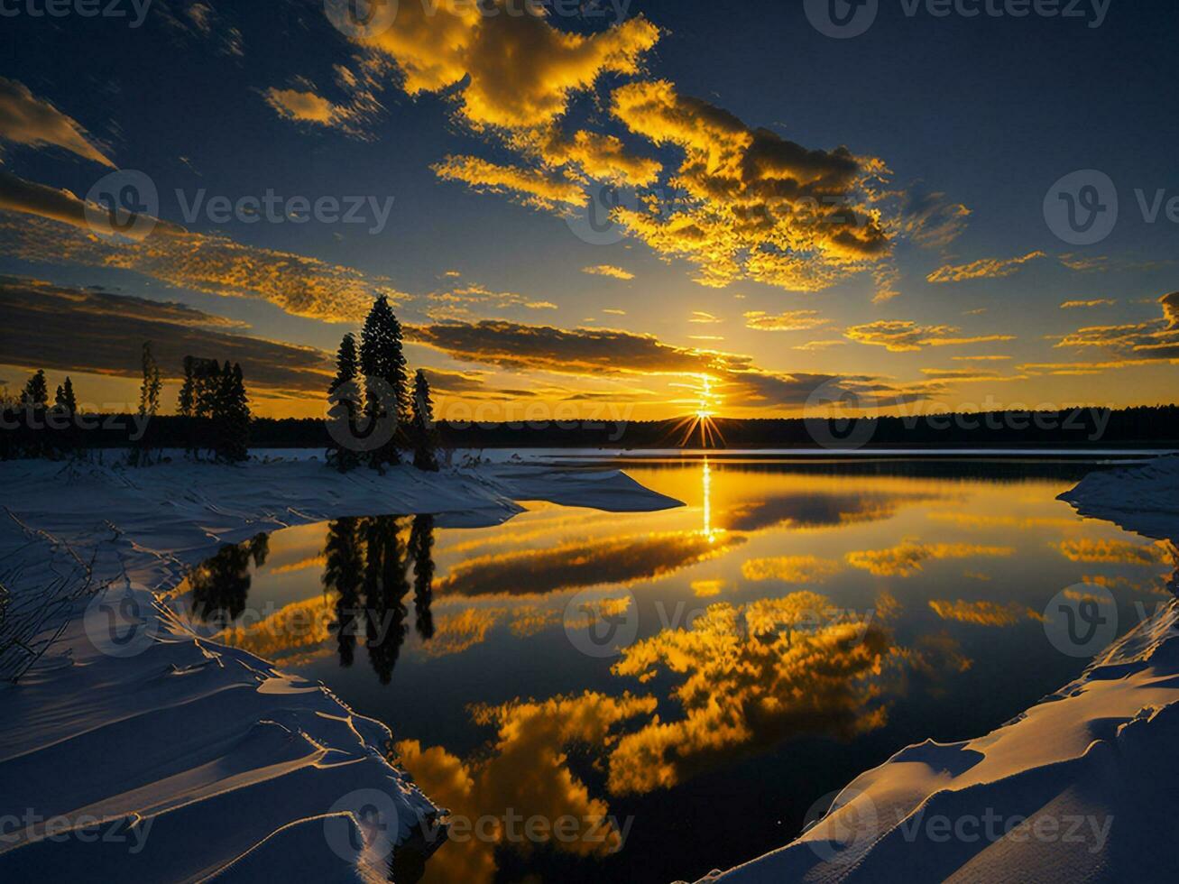 AI generated An image of a vibrant sunset over a serene lake, with colorful reflections shimmering on the water with snow photo