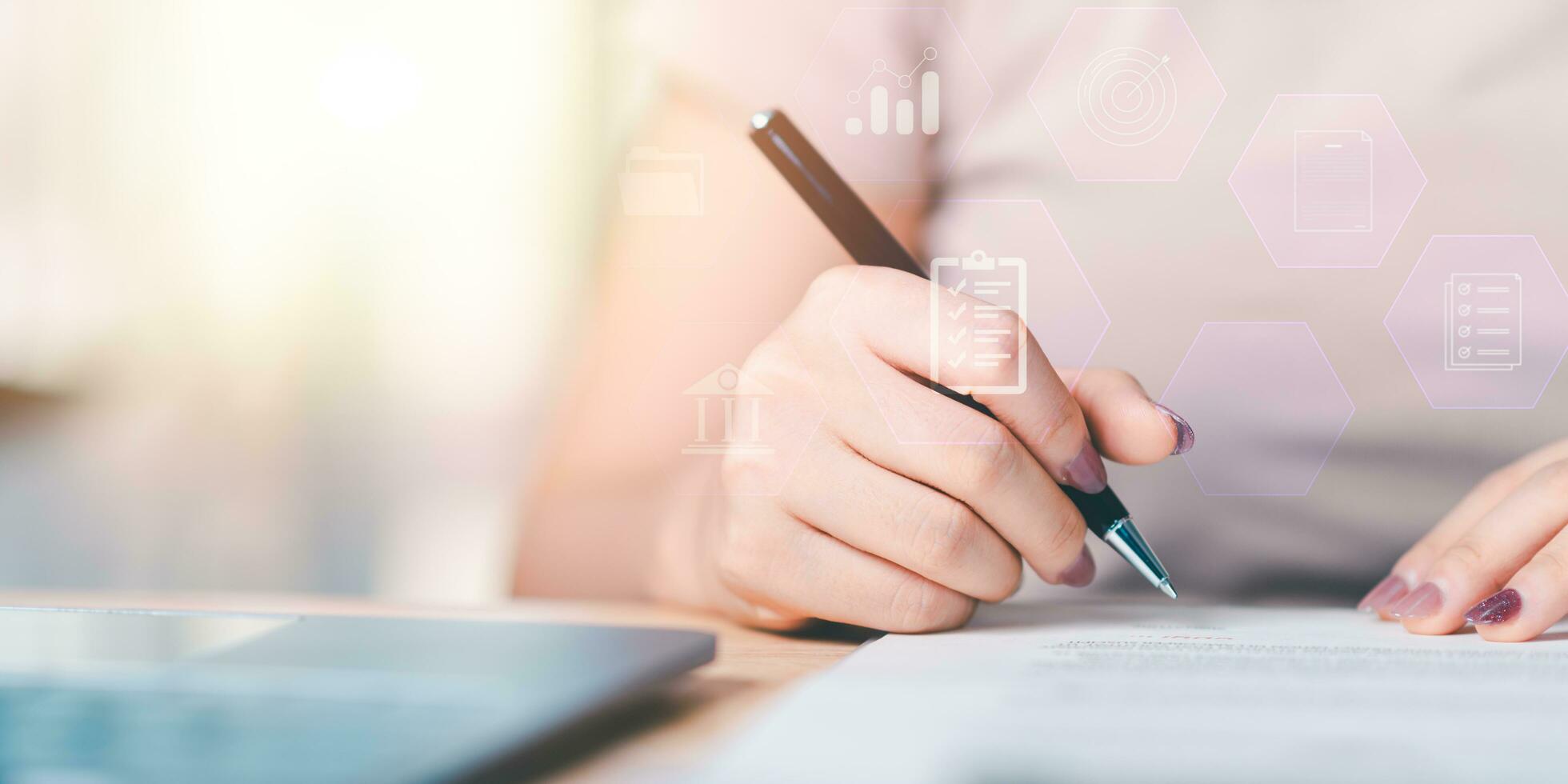 Accountant showing office document auditing concept ,plan review process and assess correctness ,Management of important document storage of organization ,document system ,accountant Audit documents photo
