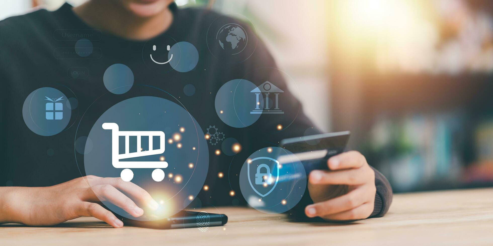 Online shopping concept, e-business, e-commerce, product booking and ordering ,Payment via online bank ,Using credit cards to pay product bills ,convenience ,online stores and shop on the internet photo