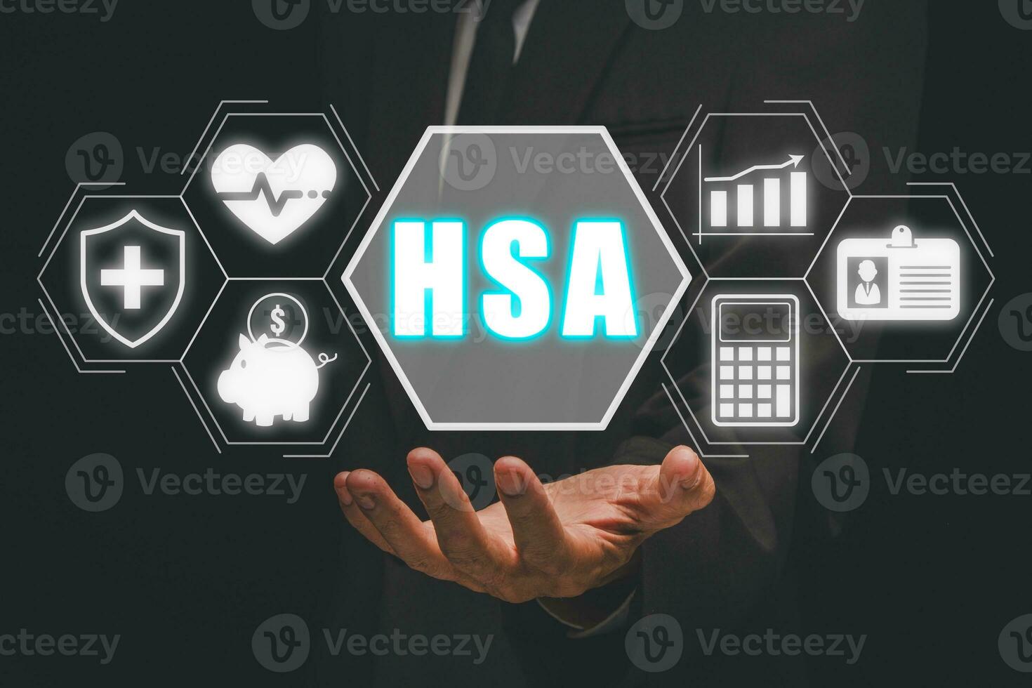 HSA, Health Savings Account concept, Businessman hand holding Health Savings Account icon on virtual screen, Money Saving, Health Insurance, Medical, Donation and Financial. photo