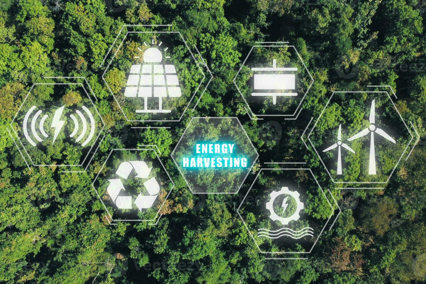 Energy harvesting concept, Top view green forrest with energy harvesting icon on virtual screen. photo