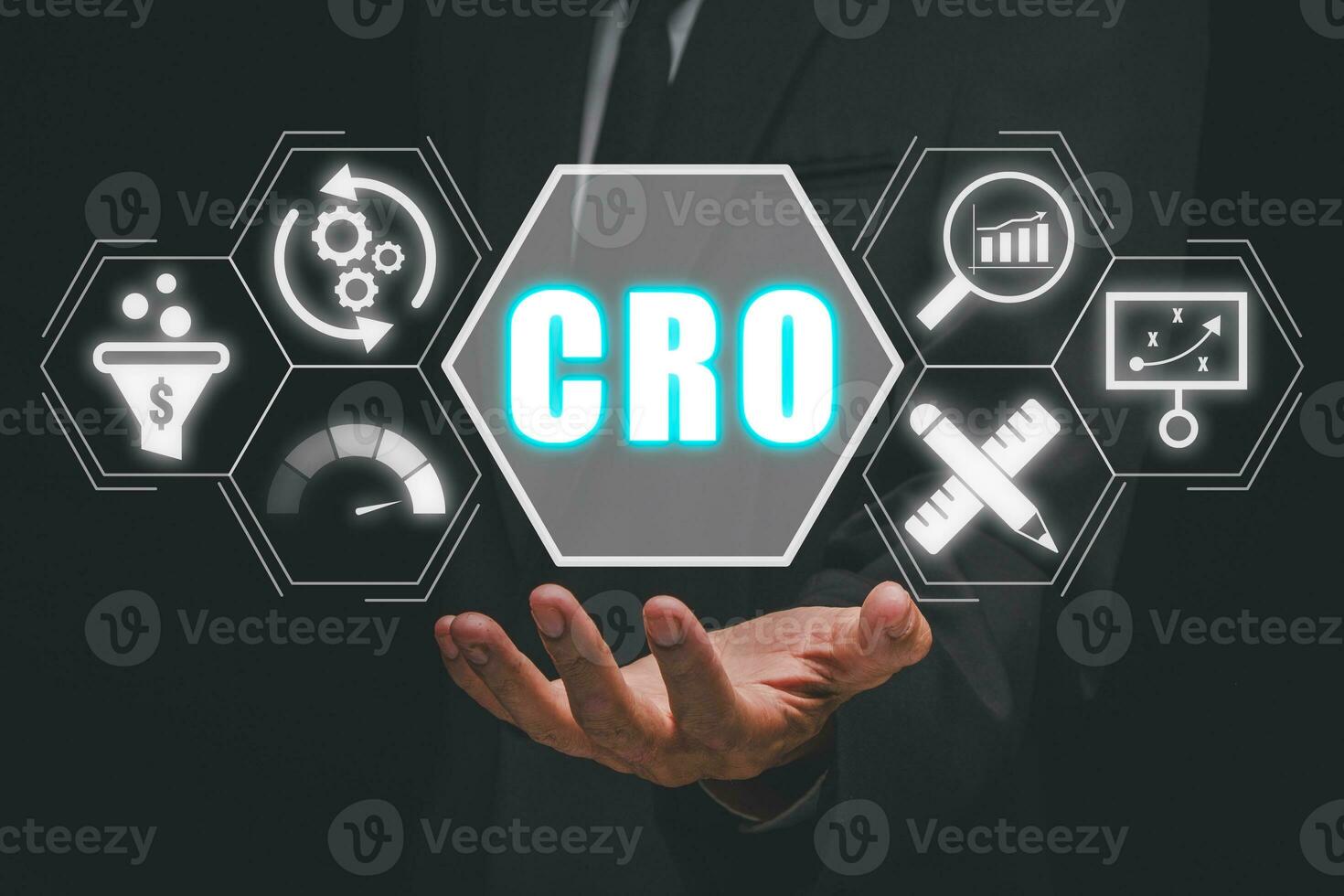 CRO, Conversation Rate Optimization concept, Businessman hand holding Conversation Rate Optimization icon on virtual screen, measure, analysis, design, plan, and implementation. photo