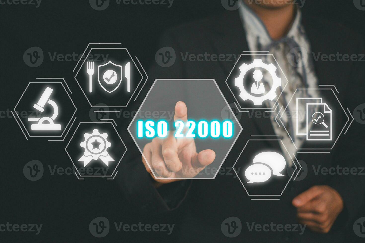 ISO 22000 concept, Business woman hand touching iso 22000 icon on virtual screen, Food safety management. photo