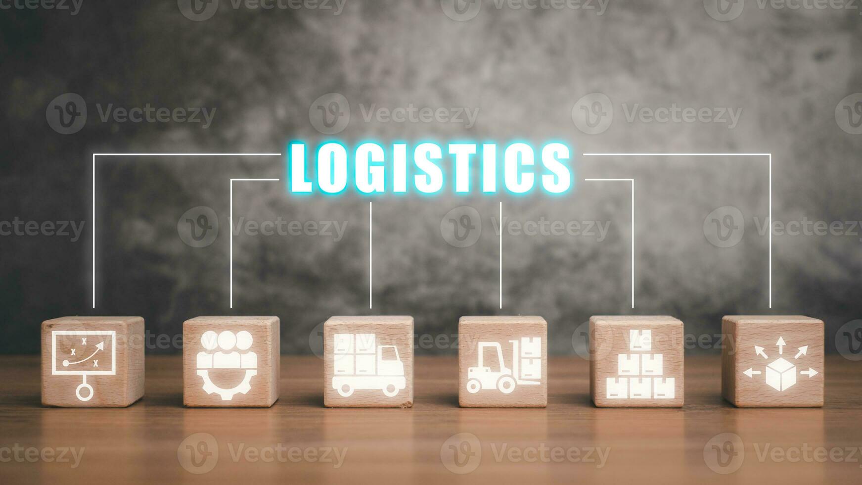 Logistics concept, Wooden block on desk with logistics icon on  virtual screen. photo