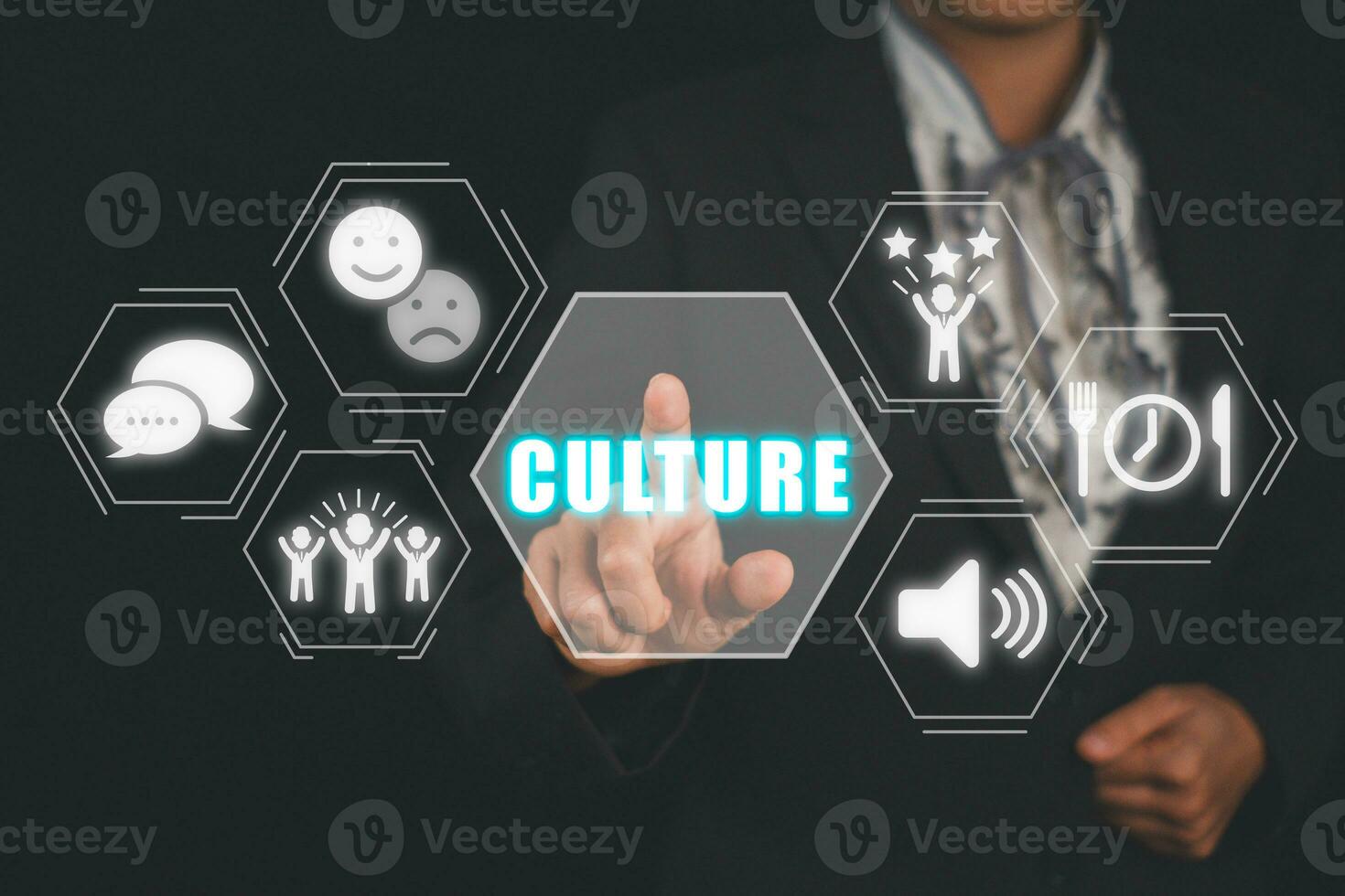 Culture concept, Business woman hand holding culture icon on virtual screen. photo