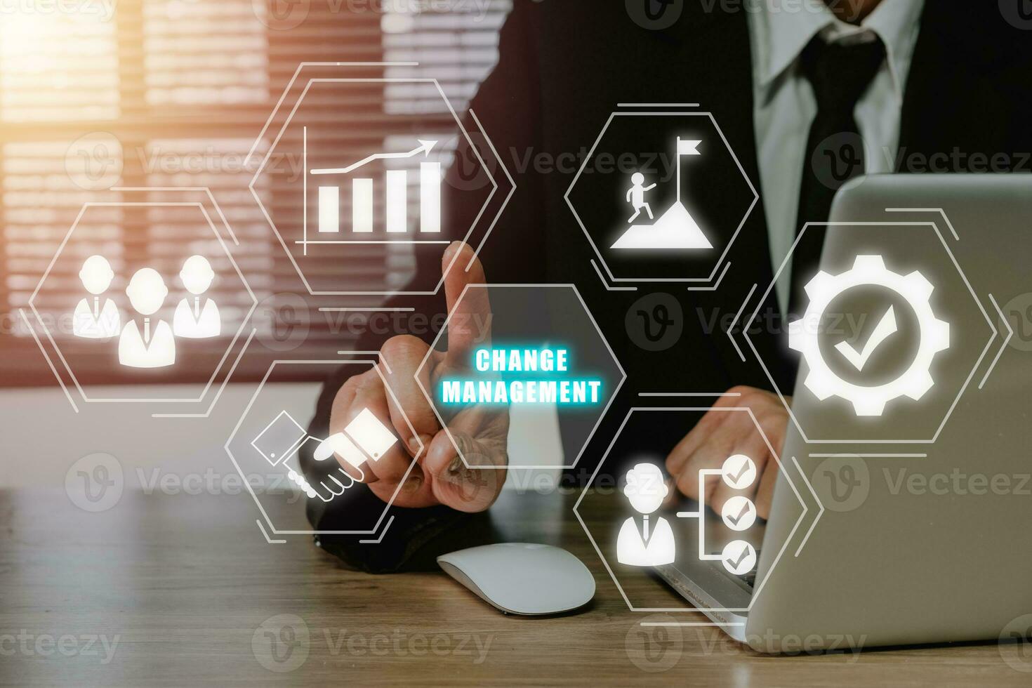 Change management in organization and business concept, Businessman hand pointing change management icon on virtual screen, plan, implementation, communication, team, success. photo