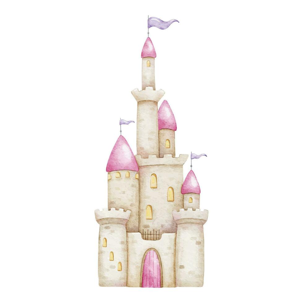 Cute fairy tale castle for a princess. Kingdom with towers, pink roofs and flags. Isolated watercolor illustration for decoration of children's rooms, baby shower, postcards, invitations, fabric vector