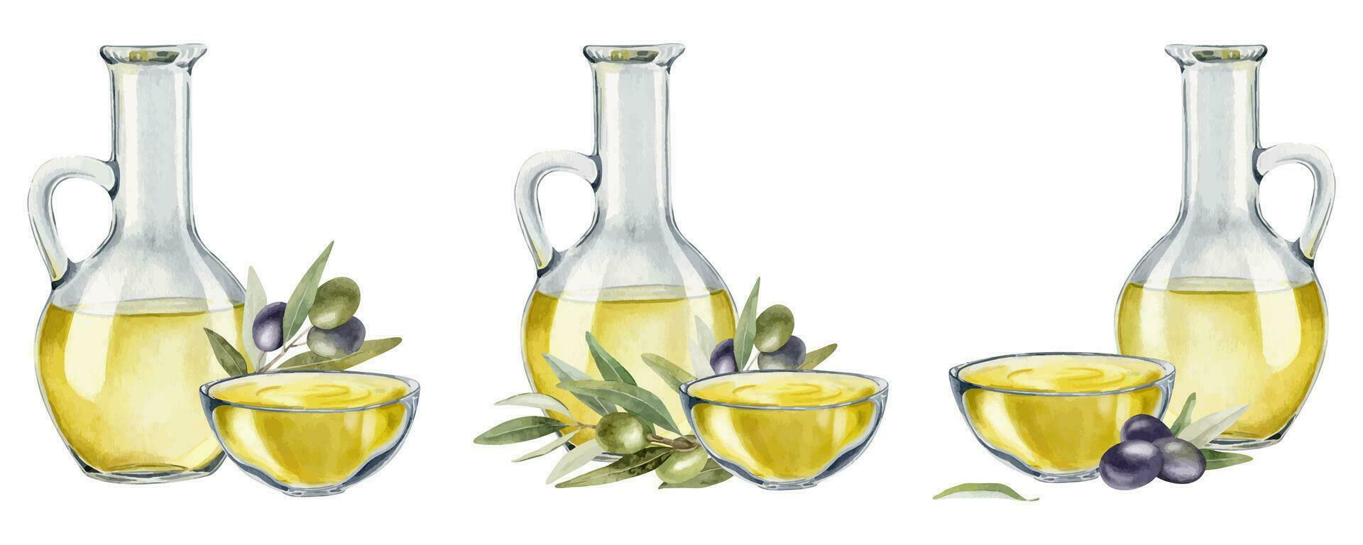 Set of Bottles of olive oil, olive branches, leaves and fruits. Fresh organic extra virgin olive oil. Glass jug with oil. Watercolor hand drawn illustration. For menu, packaging design vector