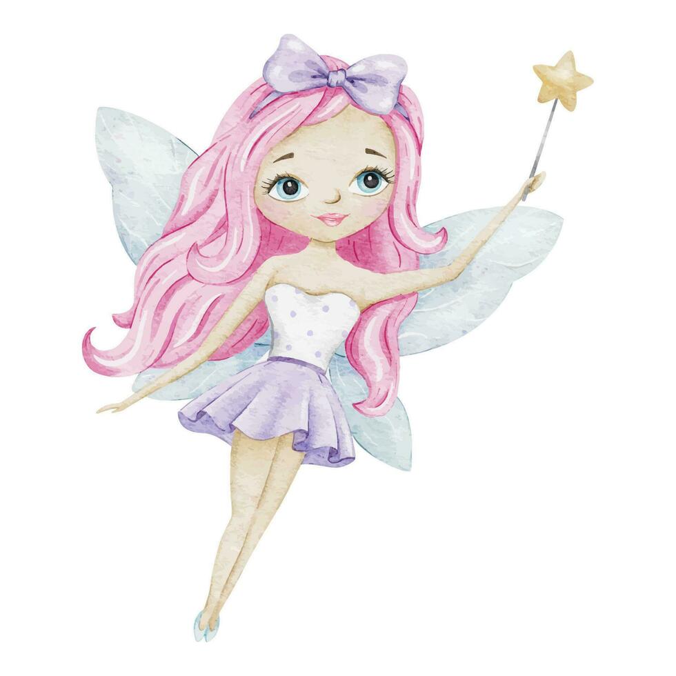 Cute little fairy with a magic wand and light blue wings. Isolated watercolor illustration. For kid's goods, clothes, postcards, baby shower and children's room vector